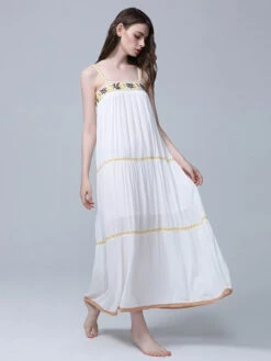 Boho Dress Embroidered White Sleeveless Bohemian Gypsy Beach Vacation Spring Summer Slip Maxi Shift Dress For Women -Dresses Store 202209261424103643506
