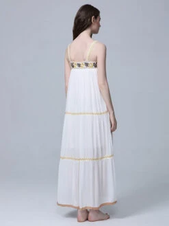 Boho Dress Embroidered White Sleeveless Bohemian Gypsy Beach Vacation Spring Summer Slip Maxi Shift Dress For Women -Dresses Store 202209261424106479979
