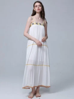 Boho Dress Embroidered White Sleeveless Bohemian Gypsy Beach Vacation Spring Summer Slip Maxi Shift Dress For Women -Dresses Store 202209261424116361450