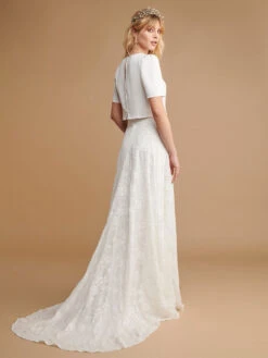 Ivory Two-piece Wedding Dress Sets Lace Jewel Neck Functional Buttons Short Sleeves A-Line With Train Bridal Dress Free Customization -Dresses Store 202210181753106824116