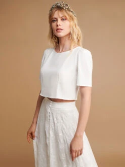 Dresses Store 6 Ivory Two-piece Wedding Dress Sets Lace Jewel Neck Functional Buttons Short Sleeves A-Line With Train Bridal Dress Free Customization