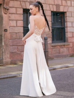 Ivory Bridal Jumpsuit Lace Floor-Length A-Line V-Neck Sleeveless Bridal Dresses Free Customization -Dresses Store 202210181759106414788