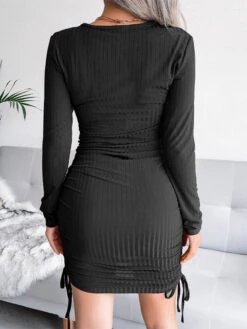 Bodycon Dresses Khaki Jewel Neck Lace Up Sexy Long Sleeves Pencil Dress -Dresses Store 202211011406509965233