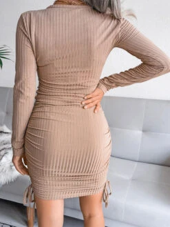 Bodycon Dresses Khaki Jewel Neck Lace Up Sexy Long Sleeves Pencil Dress -Dresses Store 202211011407031126201