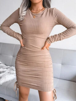 Bodycon Dresses Khaki Jewel Neck Lace Up Sexy Long Sleeves Pencil Dress -Dresses Store 202211011407034718023