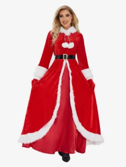 Women's Christmas Dress Red Polyester Fiber Gloves Dress Sash Polyester Two-Tone Christmas Holidays Costumes -Dresses Store 202211071146423377749