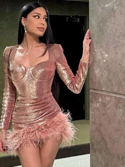 Birthday Bodycon Dresses Pink Sweetheart Neck Feathers Sexy Long Sleeves Pencil Dress -Dresses Store 202212021440505959798