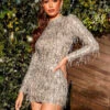 Birthday Bodycon Dresses Light Apricot Jewel Neck Fringe Sexy Long Sleeves Pencil Dress -Dresses Store 202212021441097147377