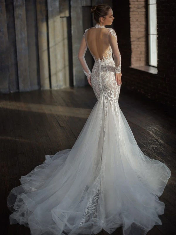 Wedding Dress 2023 With Train Long Sleeves Lace High Collar Bridal Gowns 5 Wedding Dress 2023 With Train Long Sleeves Lace High Collar Bridal Gowns - Image 3