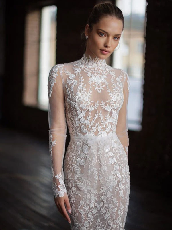 Wedding Dress 2023 With Train Long Sleeves Lace High Collar Bridal Gowns 4 Wedding Dress 2023 With Train Long Sleeves Lace High Collar Bridal Gowns - Image 2