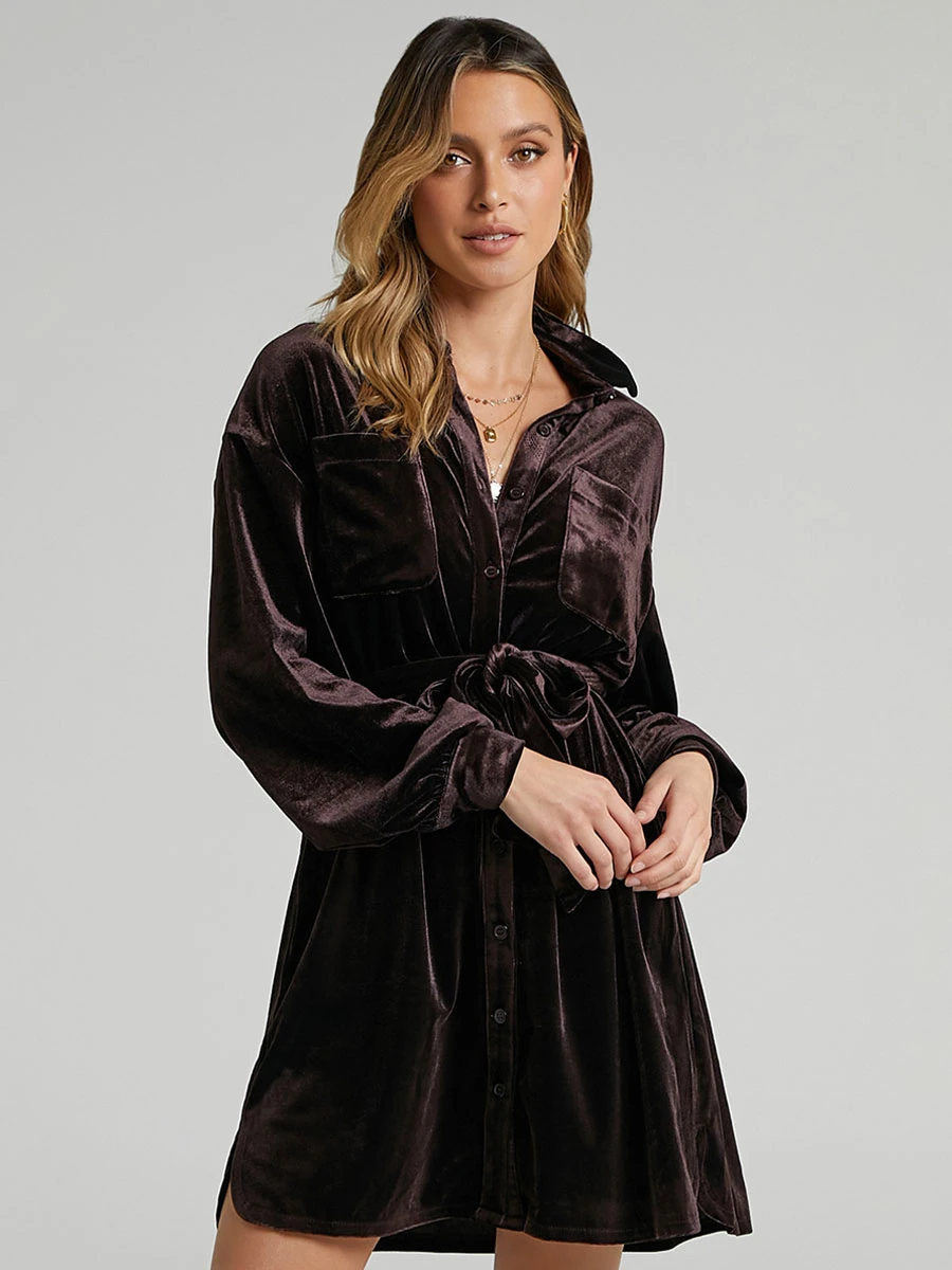 Velvet Dress Coffee Brown Long Sleeves Buttons Velour V-Neck Sexy Dresses 6 Velvet Dress Coffee Brown Long Sleeves Buttons Velour V-Neck Sexy Dresses - Image 4
