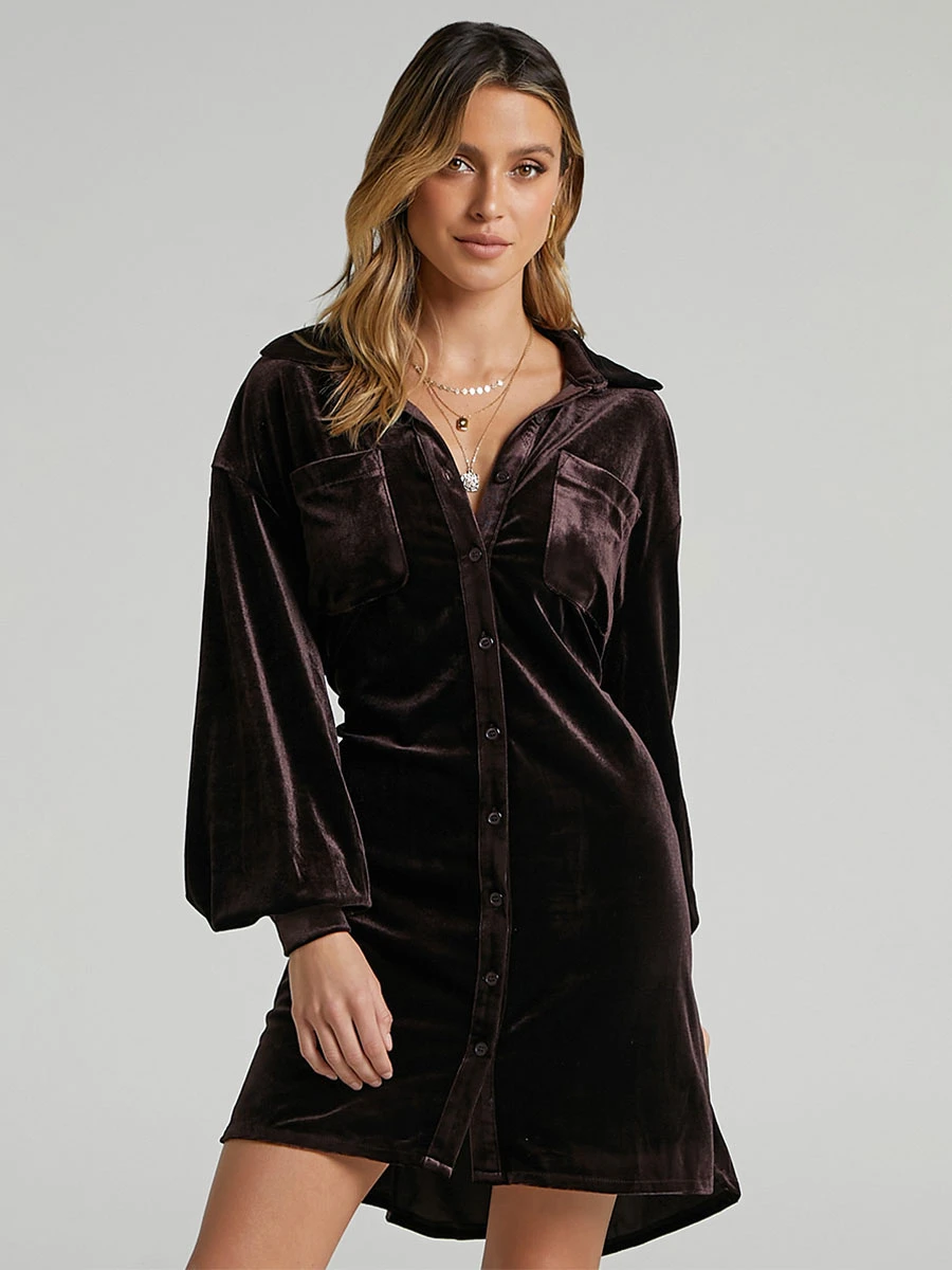 Velvet Dress Coffee Brown Long Sleeves Buttons Velour V-Neck Sexy Dresses 7 Velvet Dress Coffee Brown Long Sleeves Buttons Velour V-Neck Sexy Dresses - Image 5