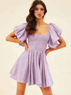 Birthday Mini Dresses Lavender Short Sleeves Pleated Short Dress -Dresses Store 202212291044526202064