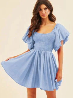 Birthday Mini Dresses Lavender Short Sleeves Pleated Short Dress -Dresses Store 202212291044534123140