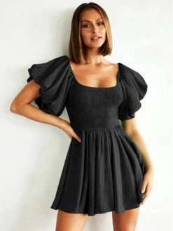 Birthday Mini Dresses Lavender Short Sleeves Pleated Short Dress -Dresses Store 202212291044546164614