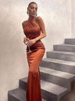 Halter Maxi Dress Sleeveless Sexy Stretch Pleated Floor Length Dress -Dresses Store 202212291045088792750