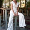 Ivory Bridal Jumpsuit Stretch Crepe Sash Floor-Length A-Line V-Neck Short Sleeves Raised Waist Wedding Jumpsuit -Dresses Store 202212291045133733857