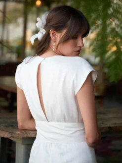 Ivory Bridal Jumpsuit Stretch Crepe Sash Floor-Length A-Line V-Neck Short Sleeves Raised Waist Wedding Jumpsuit -Dresses Store 202212291045137054930