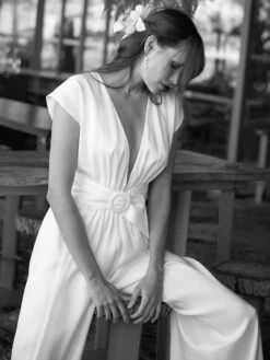 Ivory Bridal Jumpsuit Stretch Crepe Sash Floor-Length A-Line V-Neck Short Sleeves Raised Waist Wedding Jumpsuit -Dresses Store 202212291045250375581