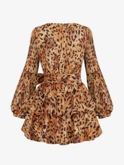 Leopard Party Dresses V-Neck Long Sleeves Birthday Mini Semi Formal Dress -Dresses Store 202301041547319843659