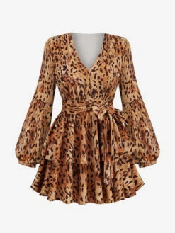 Leopard Party Dresses V-Neck Long Sleeves Birthday Mini Semi Formal Dress -Dresses Store 2023010415473228873