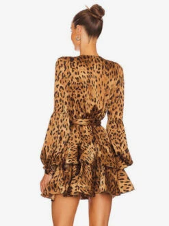 Leopard Party Dresses V-Neck Long Sleeves Birthday Mini Semi Formal Dress -Dresses Store 202301041547328883514