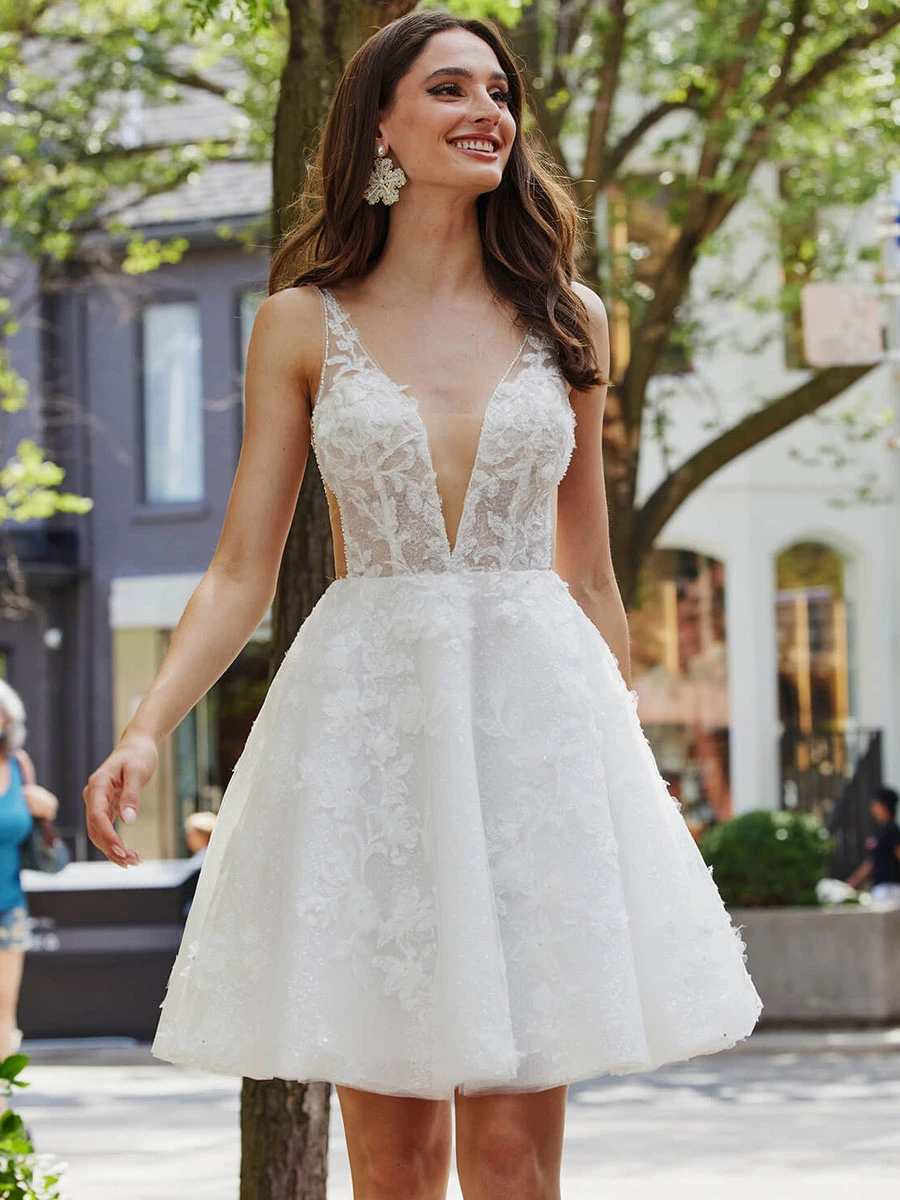 Short Wedding Dresses 2023 V-Neck Sleeveless A-Line Bridal Dress Free Customization 4 Short Wedding Dresses 2023 V-Neck Sleeveless A-Line Bridal Dress Free Customization - Image 2