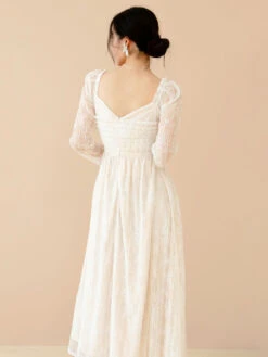 Lace Prom Dress Long Sleeves White Bridal Wedding Midi Dress -Dresses Store 202301111129431255622