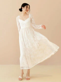 Lace Prom Dress Long Sleeves White Bridal Wedding Midi Dress -Dresses Store 202301111129434307251