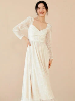 Lace Prom Dress Long Sleeves White Bridal Wedding Midi Dress -Dresses Store 202301111129437225568