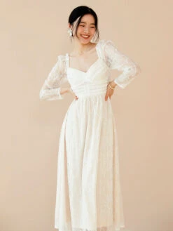 Lace Prom Dress Long Sleeves White Bridal Wedding Midi Dress -Dresses Store 202301111129440233355