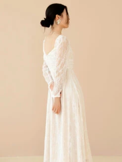 Lace Prom Dress Long Sleeves White Bridal Wedding Midi Dress -Dresses Store 202301111129443312410