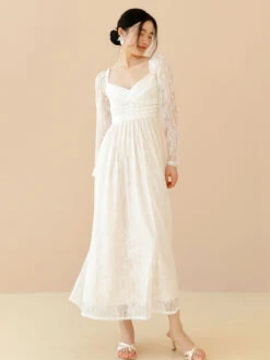 Lace Prom Dress Long Sleeves White Bridal Wedding Midi Dress -Dresses Store 202301111129446425173