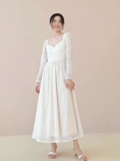 Lace Prom Dress Long Sleeves White Bridal Wedding Midi Dress