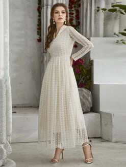 V-Neck Maxi Dress Long Sleeves Casual Sheer Buttons Long Dress