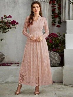 V-Neck Maxi Dress Long Sleeves Casual Sheer Buttons Long Dress -Dresses Store 202301121456486312234