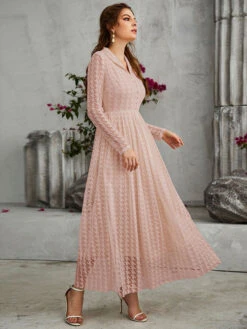 V-Neck Maxi Dress Long Sleeves Casual Sheer Buttons Long Dress -Dresses Store 202301121456489392548