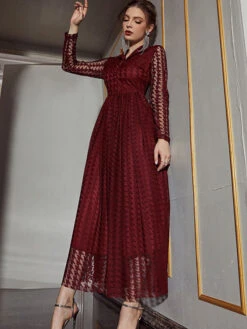 V-Neck Maxi Dress Long Sleeves Casual Sheer Buttons Long Dress -Dresses Store 202301121456501196136