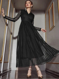 V-Neck Maxi Dress Long Sleeves Casual Sheer Buttons Long Dress -Dresses Store 20230112145650742387