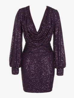 Birthday Party Dresses Purple V-Neck Sequins Long Sleeves Semi Formal Dress -Dresses Store 202301131842076479418