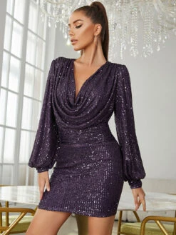 Birthday Party Dresses Purple V-Neck Sequins Long Sleeves Semi Formal Dress -Dresses Store 202301131842089477133