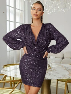 Birthday Party Dresses Purple V-Neck Sequins Long Sleeves Semi Formal Dress -Dresses Store 202301131842093153188