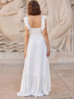 Ivory Two-piece Wedding Dress Satin Fabric Buttons V-Neck A-Line Ankle-Length Backless Sleeveless Bridal Sets -Dresses Store 202301141217278862575