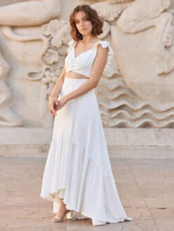 Ivory Two-piece Wedding Dress Satin Fabric Buttons V-Neck A-Line Ankle-Length Backless Sleeveless Bridal Sets -Dresses Store 202301141217281997324