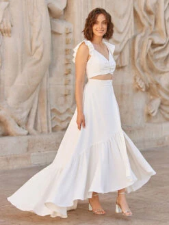 Ivory Two-piece Wedding Dress Satin Fabric Buttons V-Neck A-Line Ankle-Length Backless Sleeveless Bridal Sets -Dresses Store 202301141217285074122