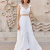 Ivory Two-piece Wedding Dress Satin Fabric Buttons V-Neck A-Line Ankle-Length Backless Sleeveless Bridal Sets -Dresses Store 202301141217288192856