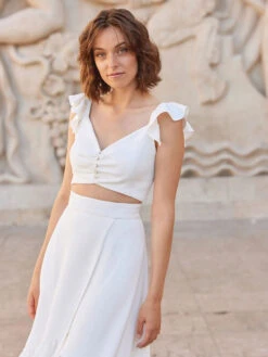 Ivory Two-piece Wedding Dress Satin Fabric Buttons V-Neck A-Line Ankle-Length Backless Sleeveless Bridal Sets -Dresses Store 202301141217291383064