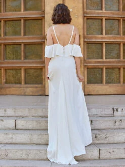 Simple Wedding Dress Stretch Crepe Square Neck Sleeveless Split Front A-Line Bridal Gowns -Dresses Store 202301141217300462456