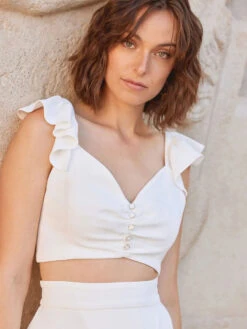 Ivory Two-piece Wedding Dress Satin Fabric Buttons V-Neck A-Line Ankle-Length Backless Sleeveless Bridal Sets -Dresses Store 202301141217474103871