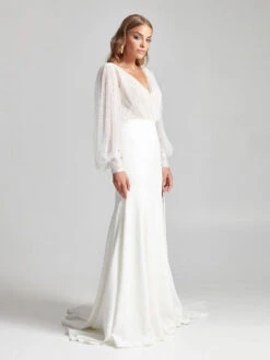 Ivory Plus Size Wedding Dresses 2023 With Train Long Sleeves V-Neck Bridal Dresses Free Customization -Dresses Store 202301181346469601425